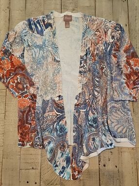 Chico's Blue, Rust & Cream Floral Paisley Open-Front 3/4 Sleeve Cardigan